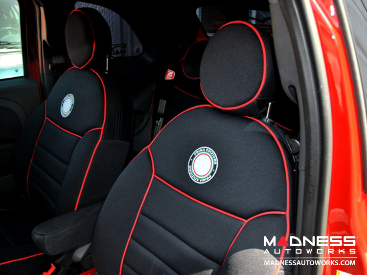 FIAT 500 Seat Covers - Front Seats - Custom Neoprene Design - Pop / Lounge Model - Prima Edizion Logo/ Red Piping/ Lumbar Supports